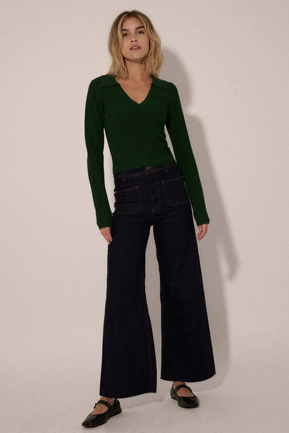 Shaper Fit Collared Long-Sleeve Rib-Knit Top