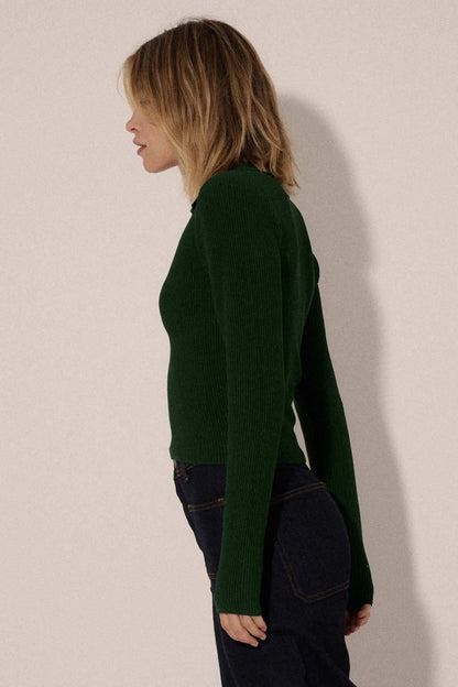 Shaper Fit Collared Long-Sleeve Rib-Knit Top