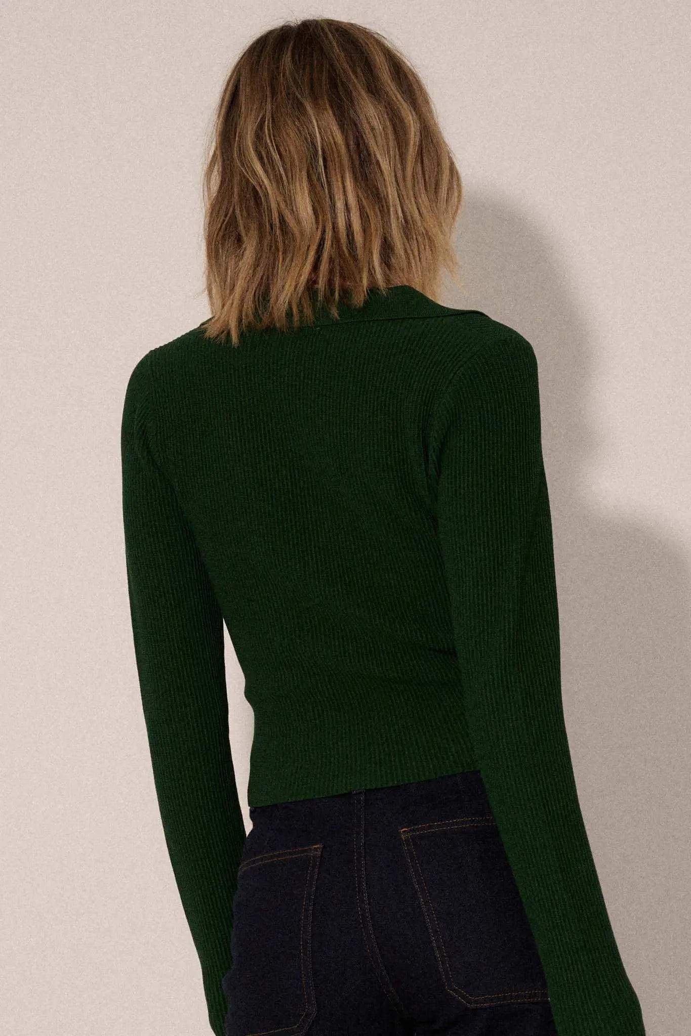 Shaper Fit Collared Long-Sleeve Rib-Knit Top