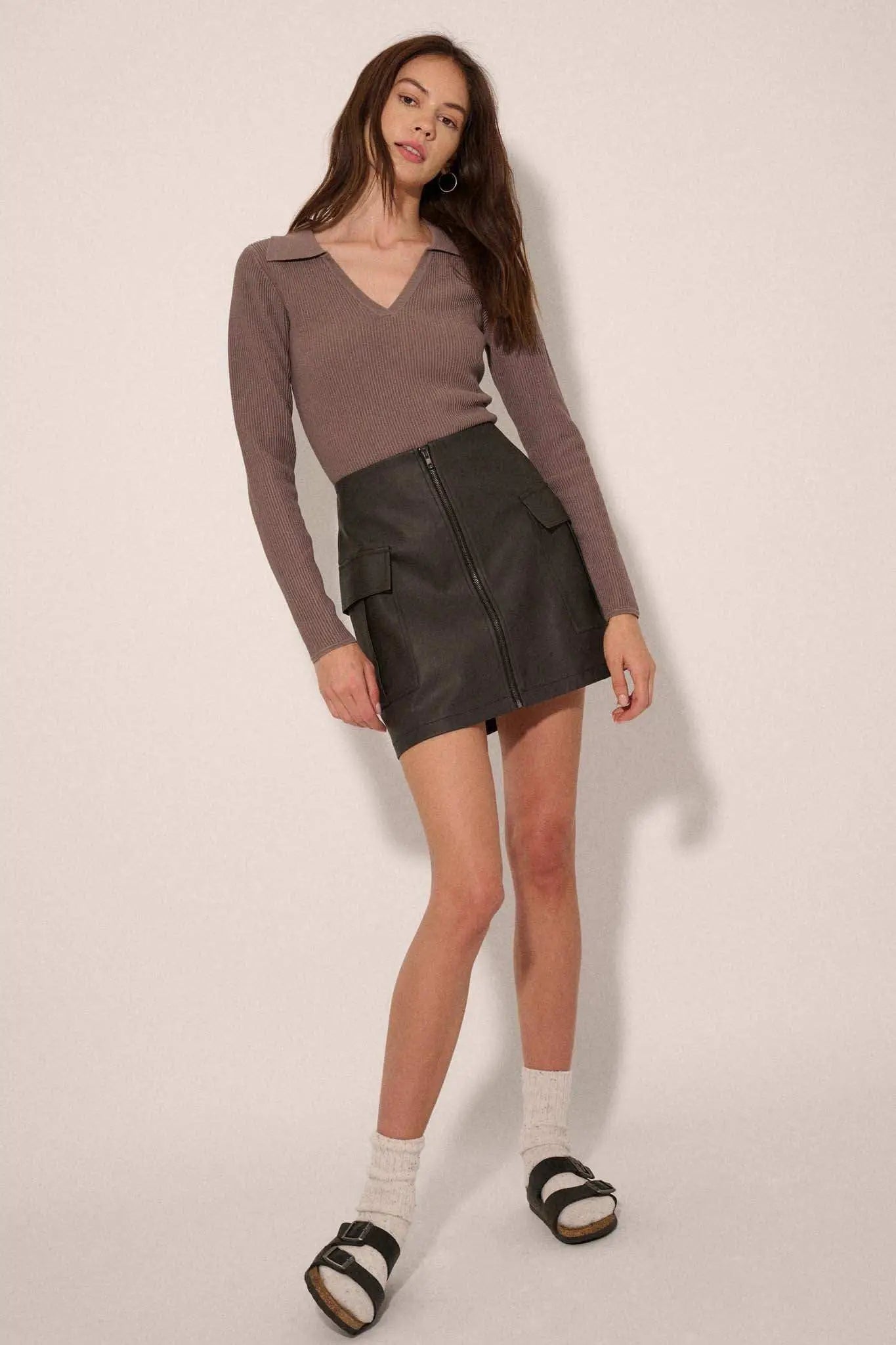 Shaper Fit Collared Long-Sleeve Rib-Knit Top