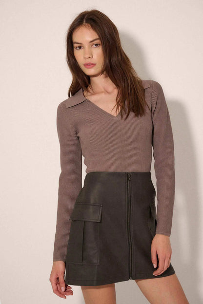 Shaper Fit Collared Long-Sleeve Rib-Knit Top