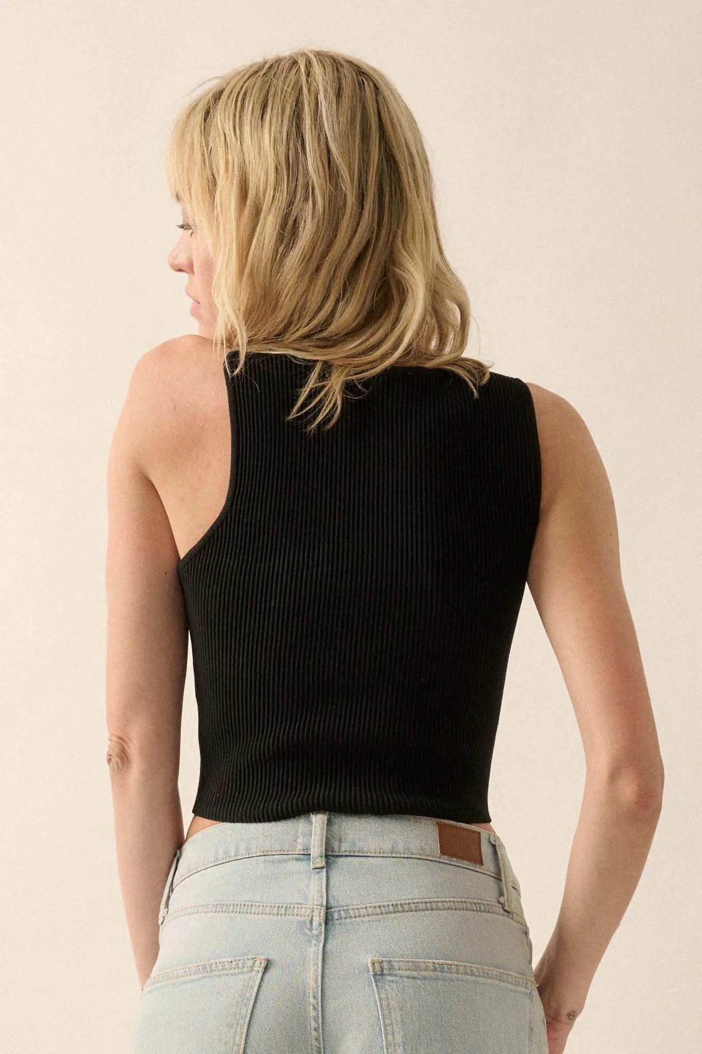 Shaper Fit Rib-Knit Asymmetrical Cropped Tank Top
