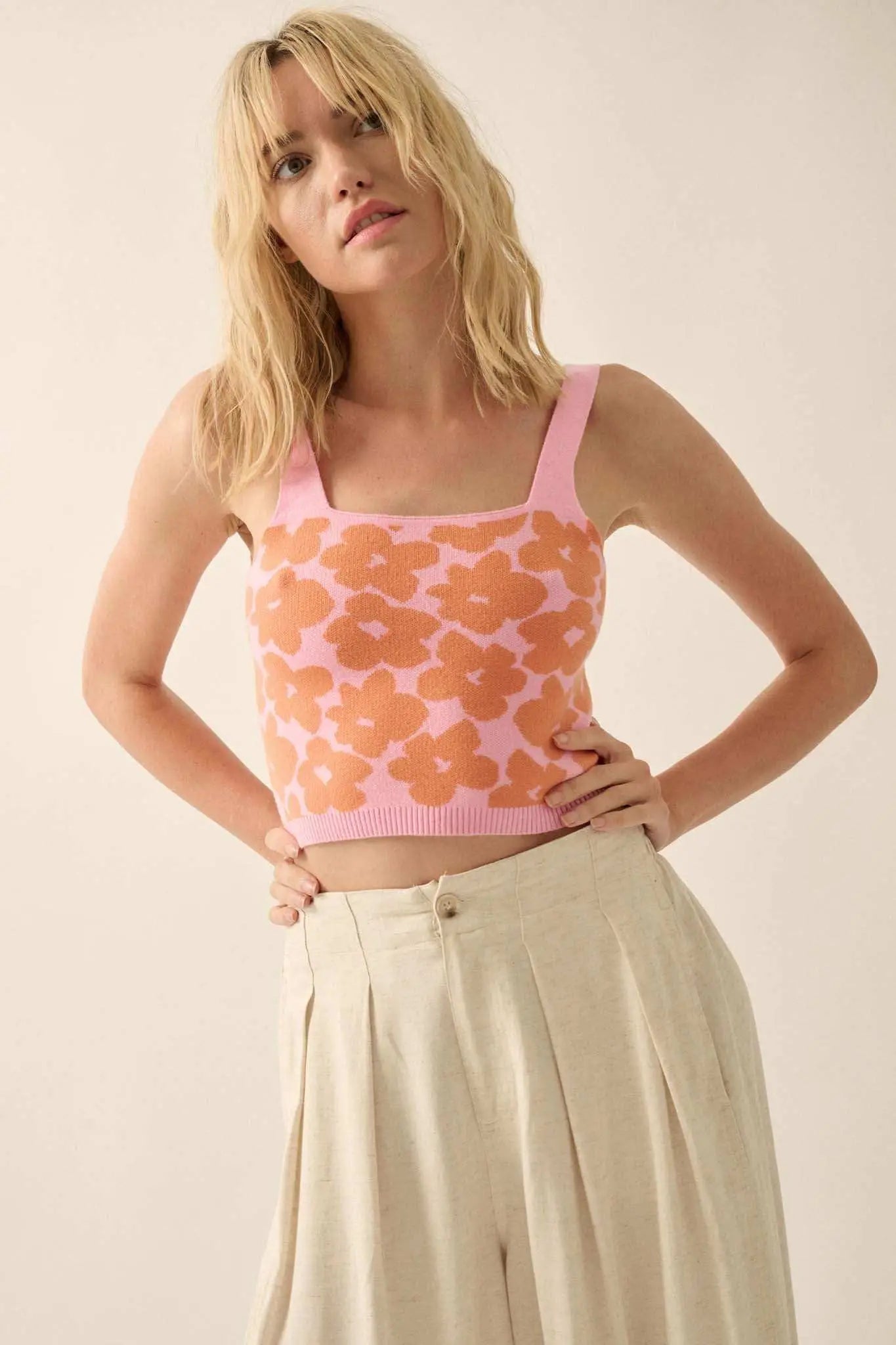Flower Shop Floral Knit Cropped Sweater Tank Top