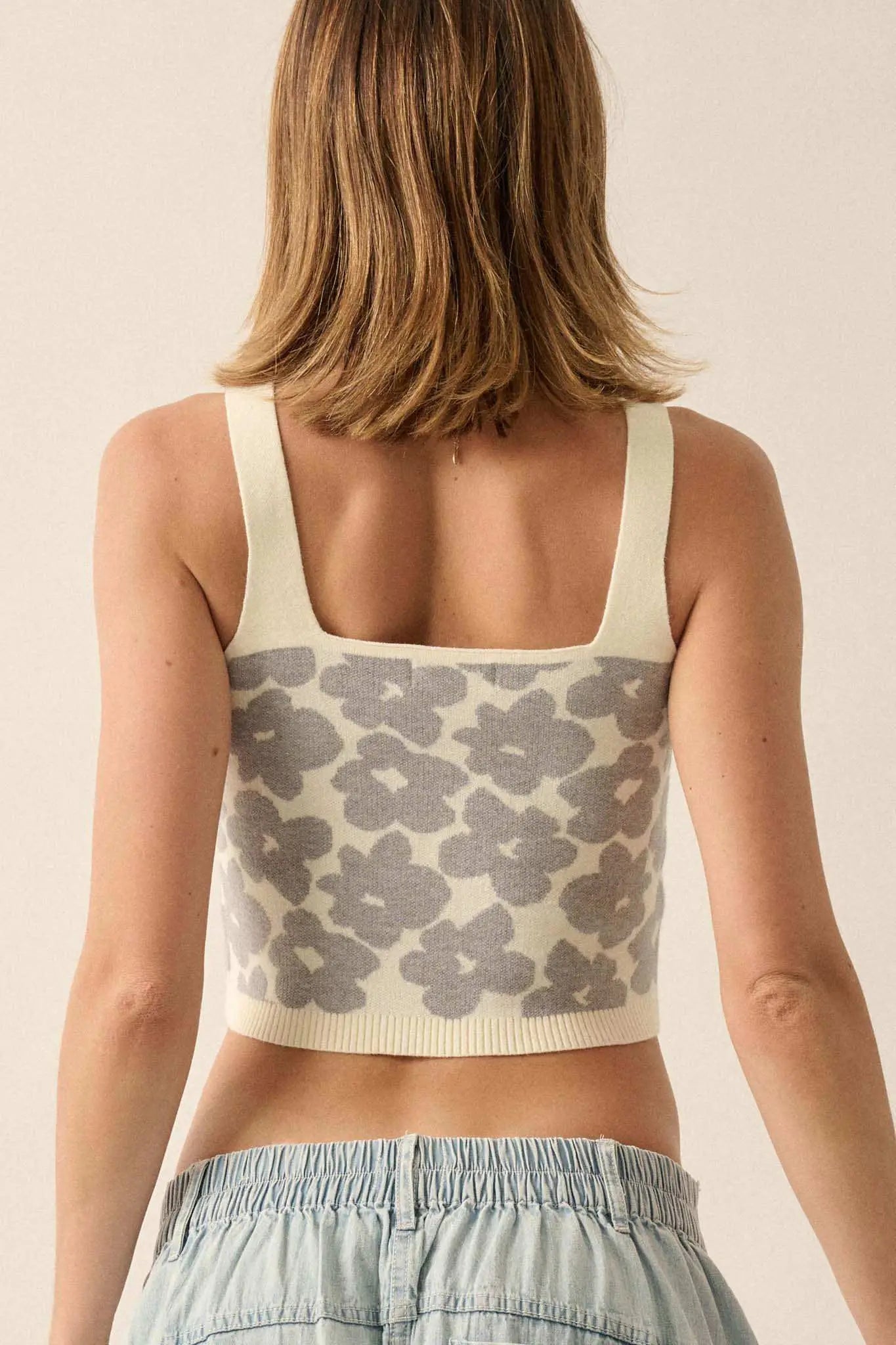 Flower Shop Floral Knit Cropped Sweater Tank Top