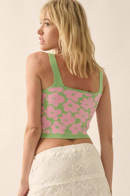 Flower Shop Floral Knit Cropped Sweater Tank Top