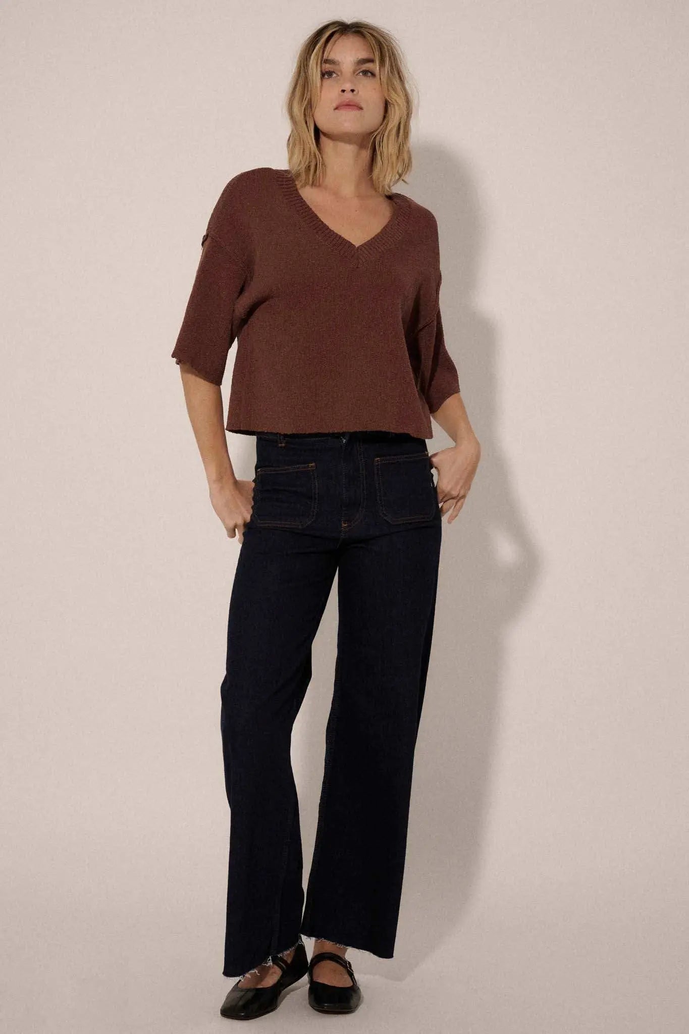 New Narrative Short-Sleeve V-Neck Sweater