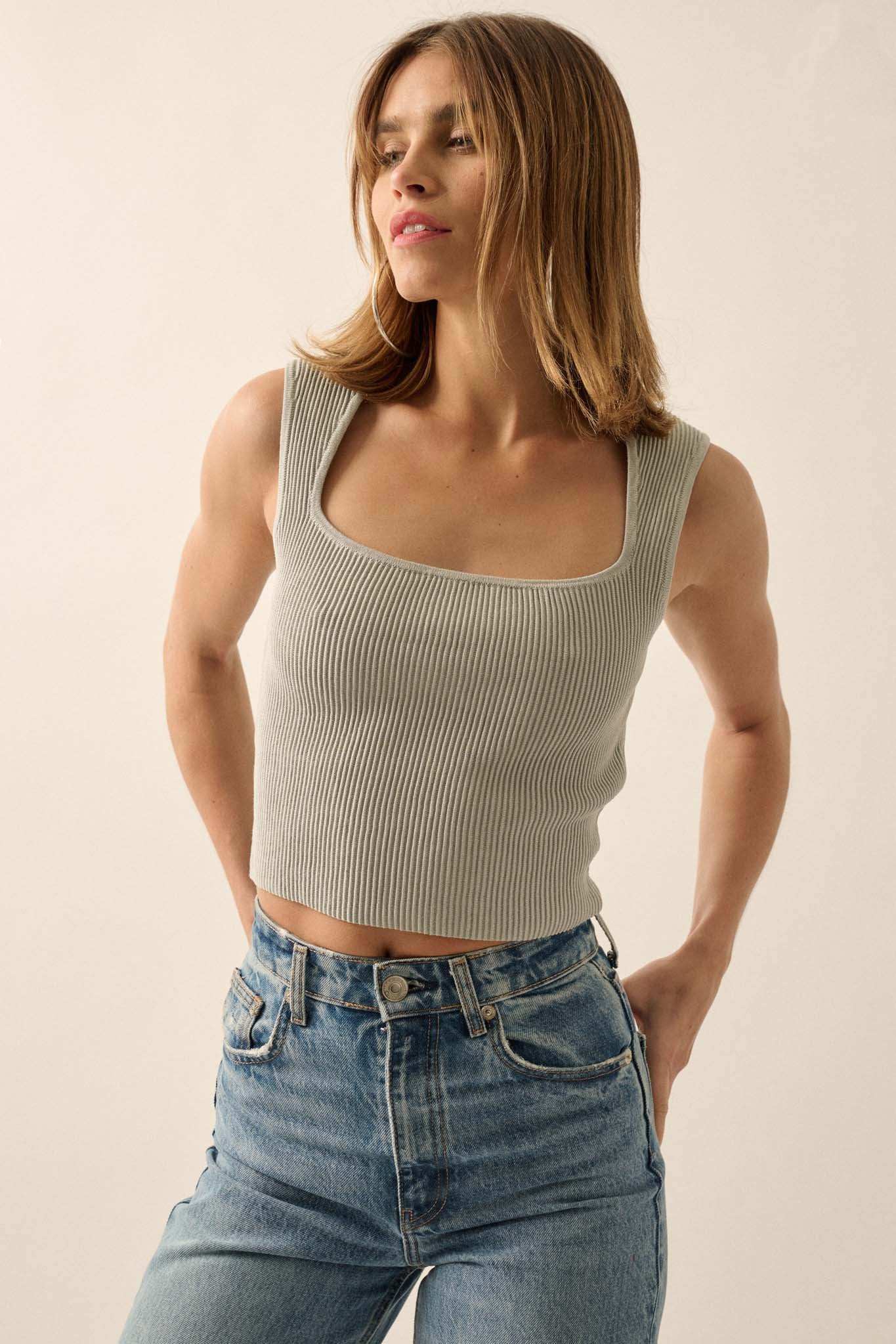 Shaper Fit Square Neck Rib-Knit Tank Top