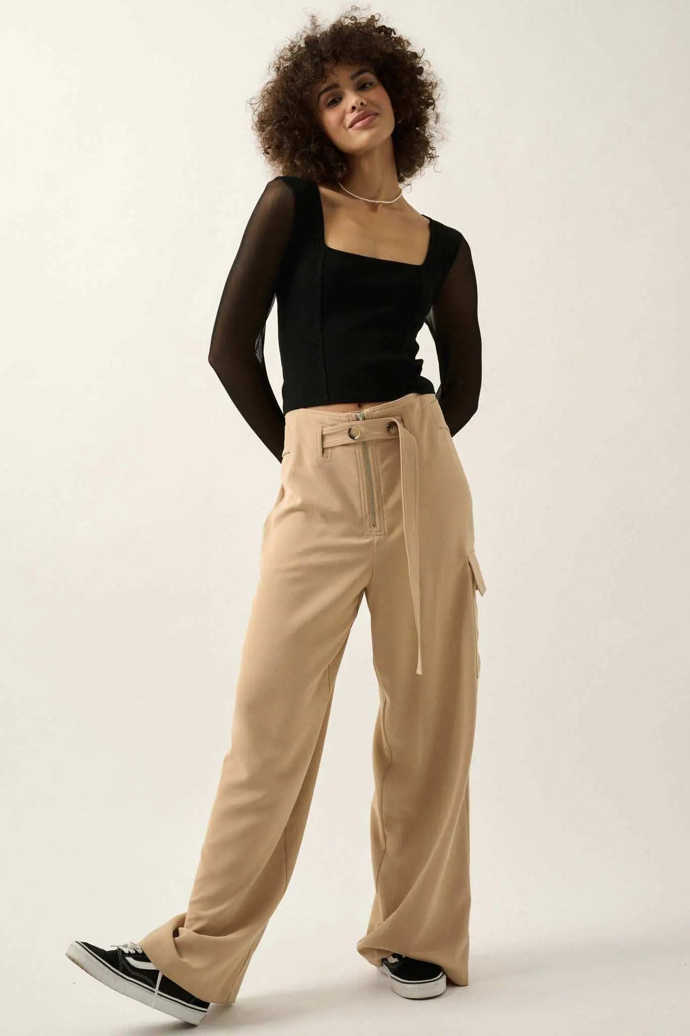 Lifted Fit Square Neck Mesh-Sleeve Crop Top