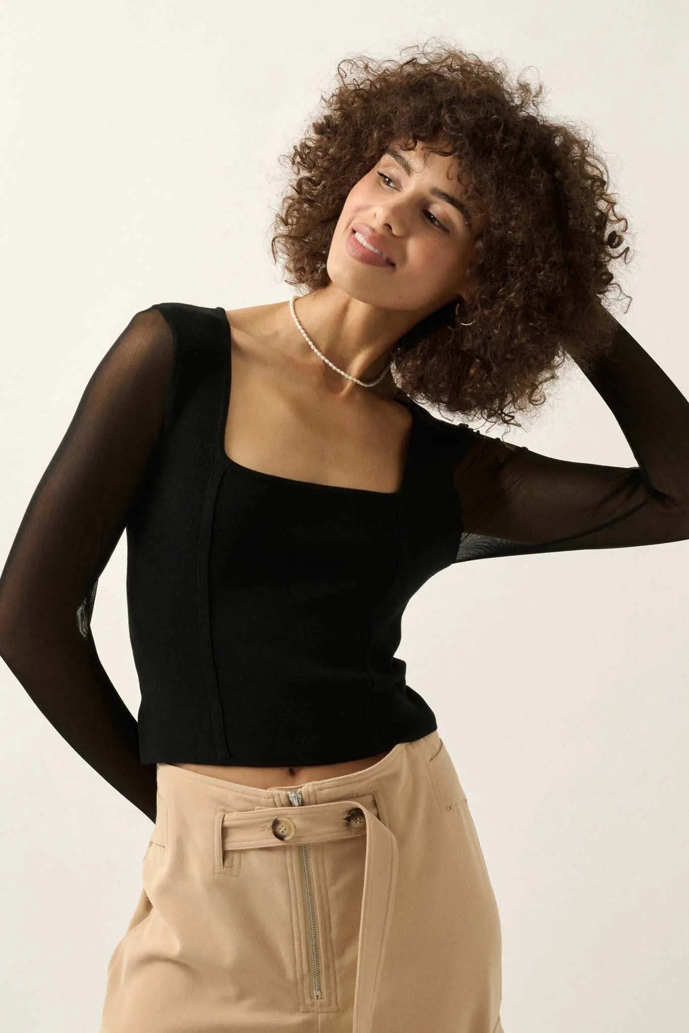 Lifted Fit Square Neck Mesh-Sleeve Crop Top
