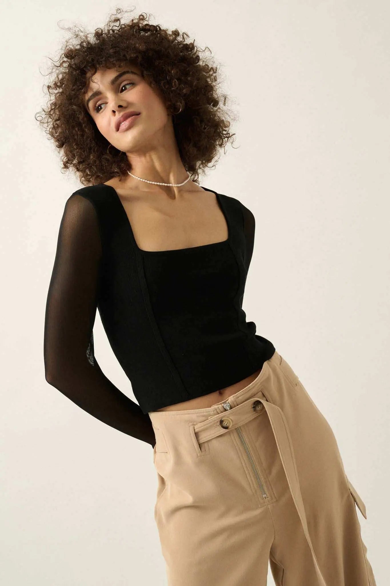 Lifted Fit Square Neck Mesh-Sleeve Crop Top