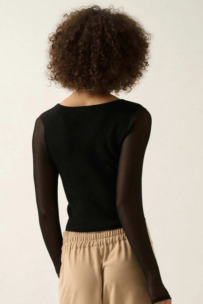 Lifted Fit Square Neck Mesh-Sleeve Crop Top