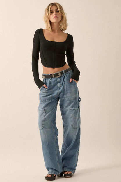 Shaper Fit Rib-Knit Cropped Long-Sleeve Corset Top