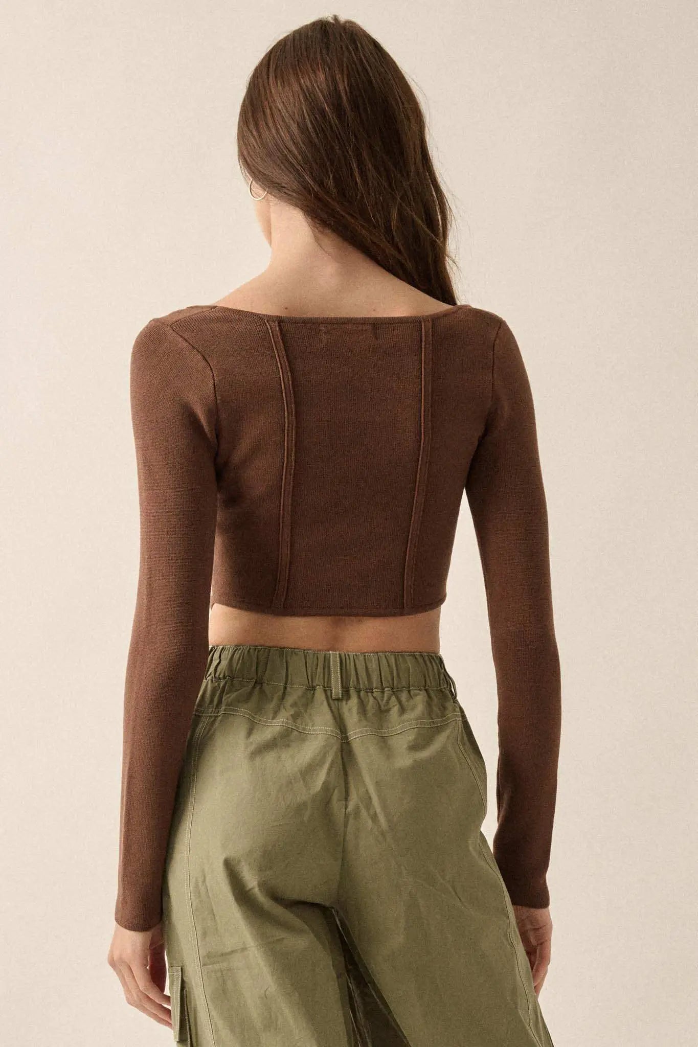 Shaper Fit Rib-Knit Cropped Long-Sleeve Corset Top