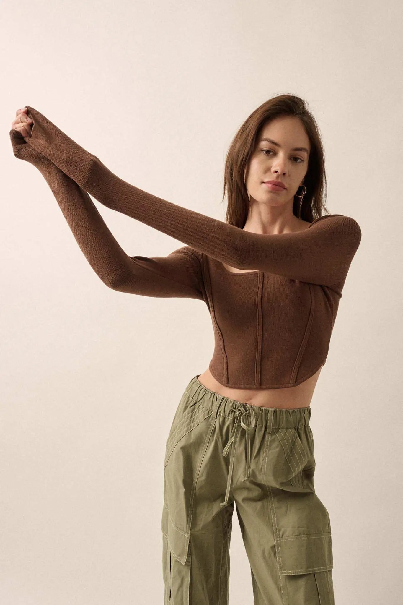 Shaper Fit Rib-Knit Cropped Long-Sleeve Corset Top