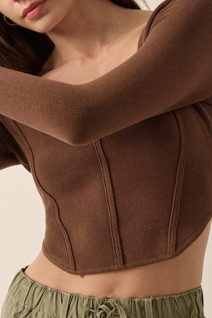 Shaper Fit Rib-Knit Cropped Long-Sleeve Corset Top