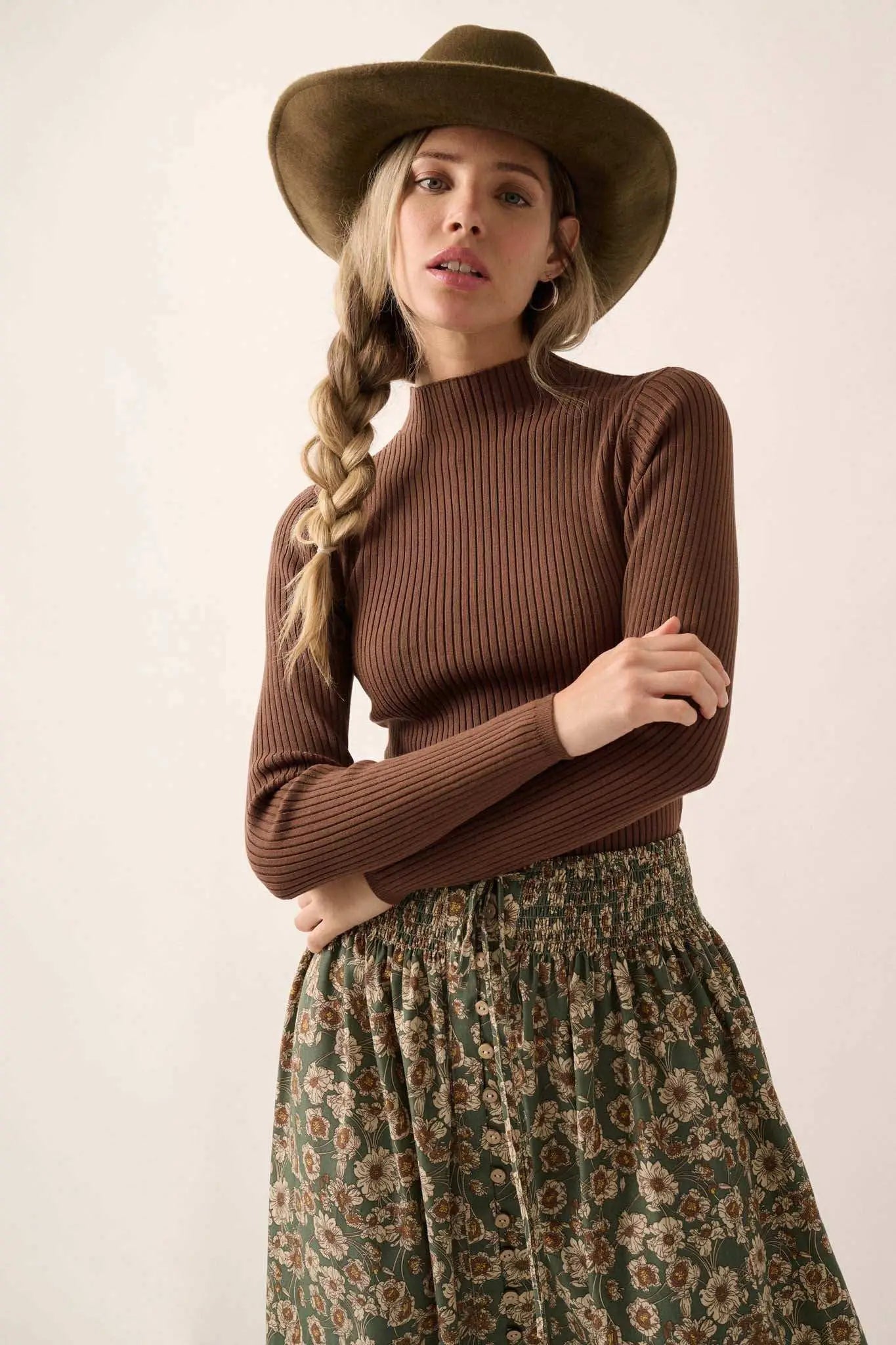 Shaper Fit Mock Neck Long-Sleeve Rib-Knit Top