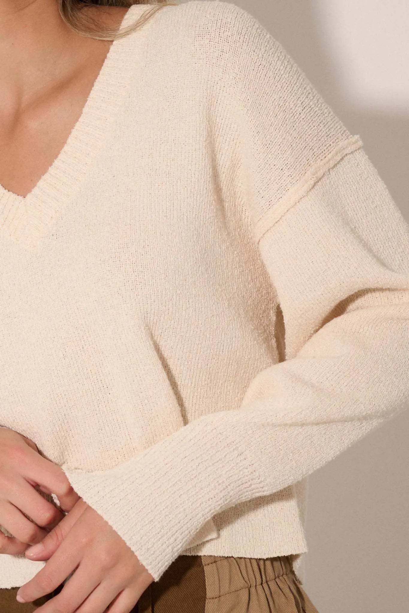 Make It Last Textured Exposed-Seam V-Neck Sweater
