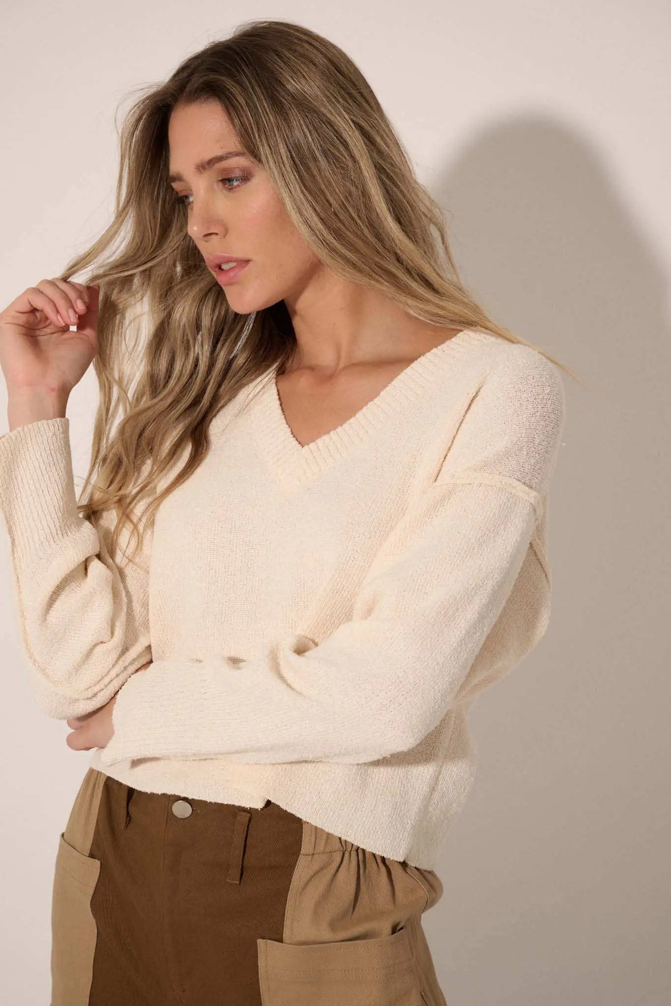 Make It Last Textured Exposed-Seam V-Neck Sweater