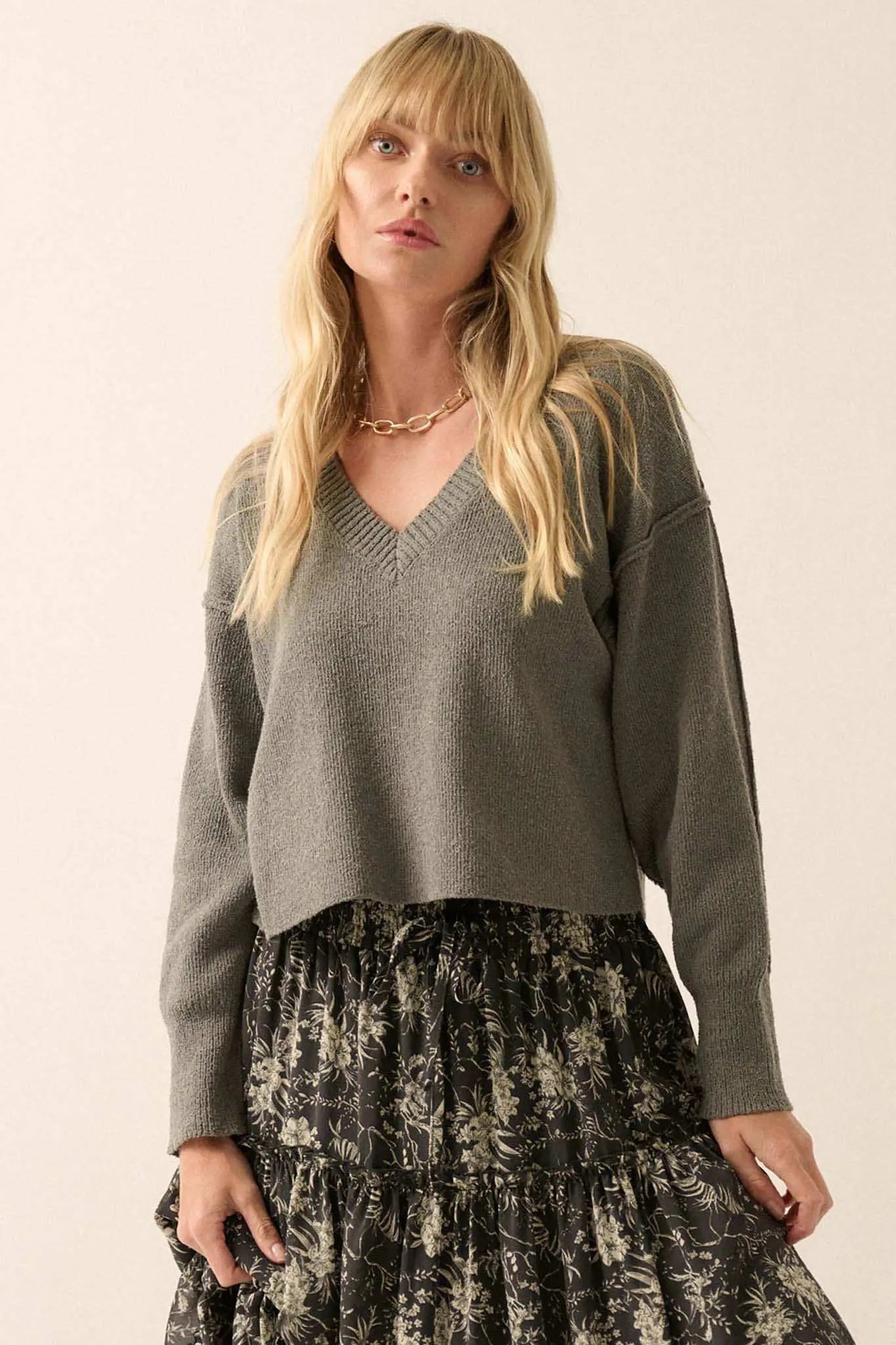 Make It Last Textured Exposed-Seam V-Neck Sweater