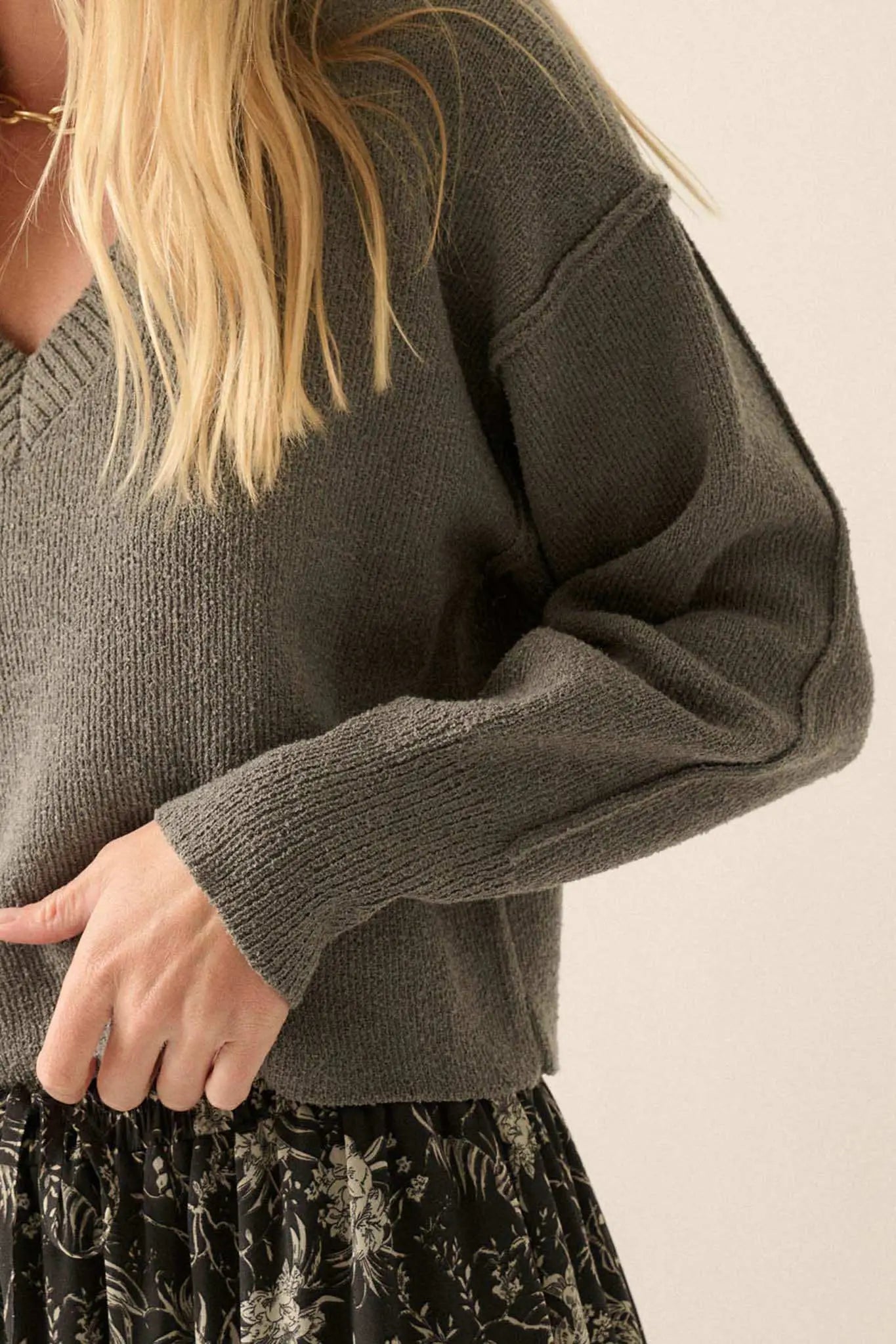 Make It Last Textured Exposed-Seam V-Neck Sweater