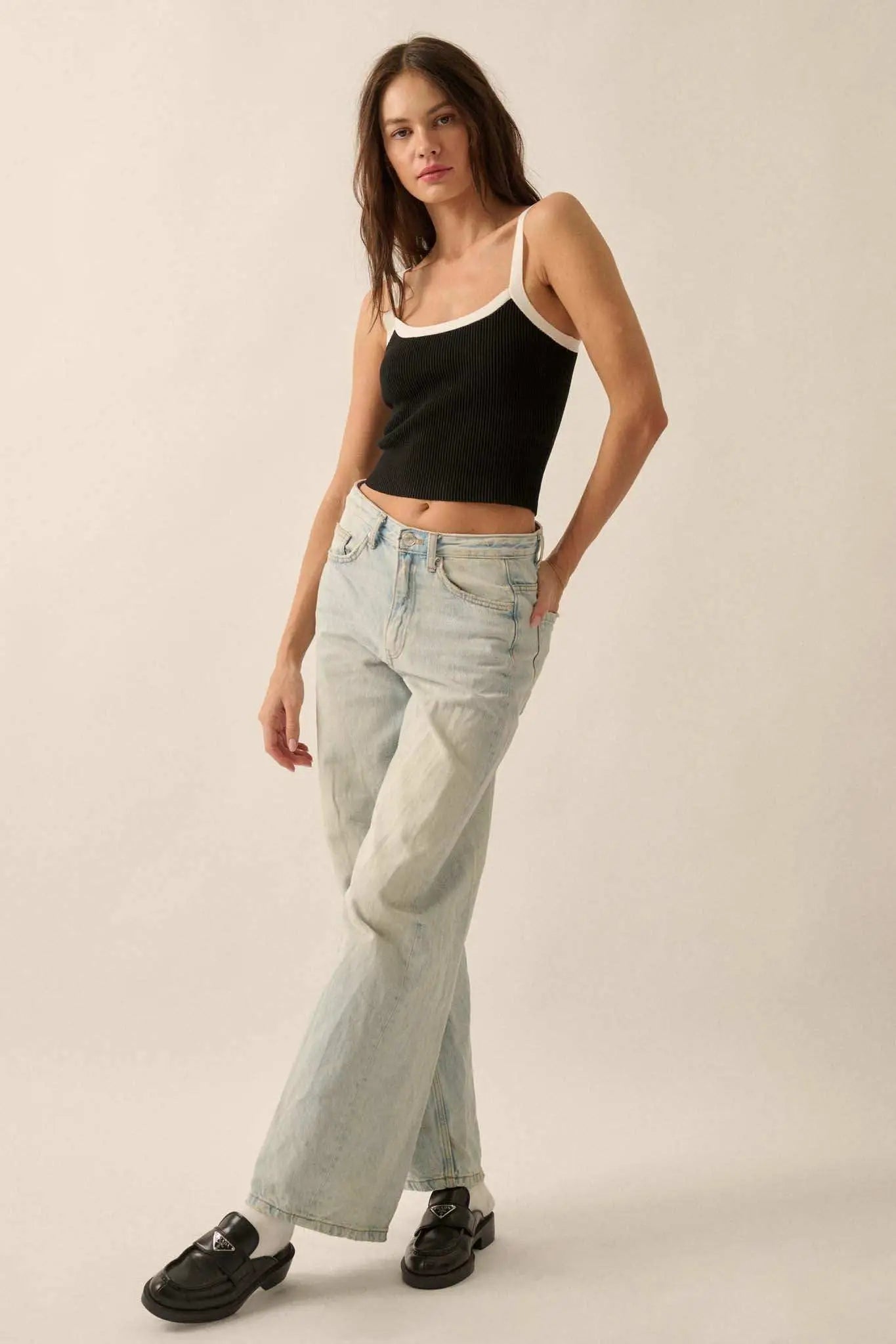 Shaper Fit Cropped Rib-Knit Contrast Cami Top