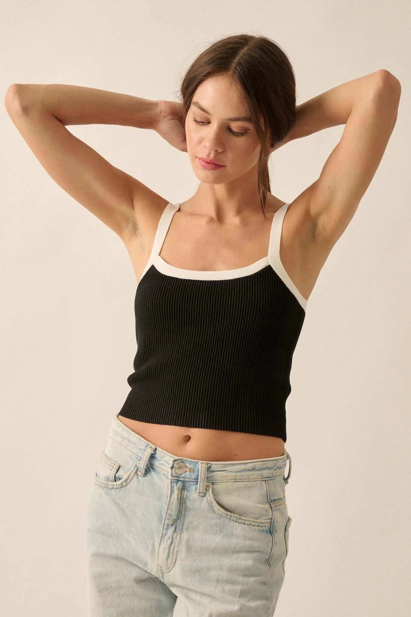 Shaper Fit Cropped Rib-Knit Contrast Cami Top
