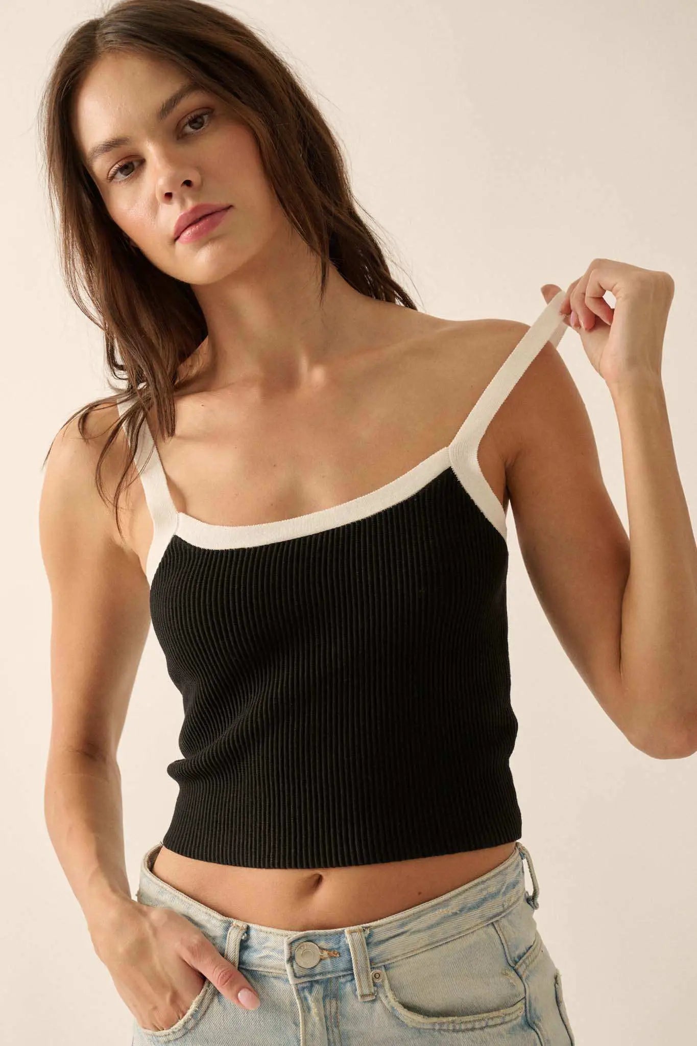 Shaper Fit Cropped Rib-Knit Contrast Cami Top