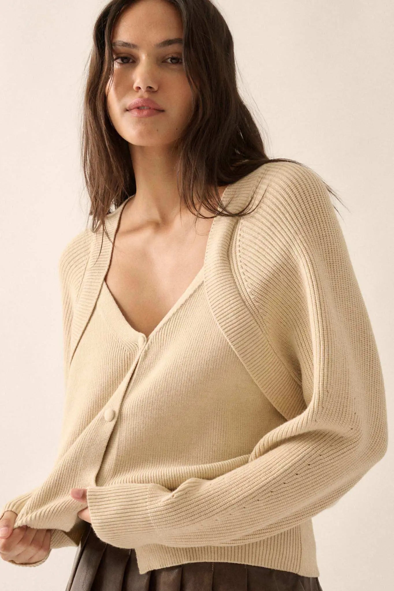 Shrug It Off Layered-Look Rib-Knit Cardigan Sweater