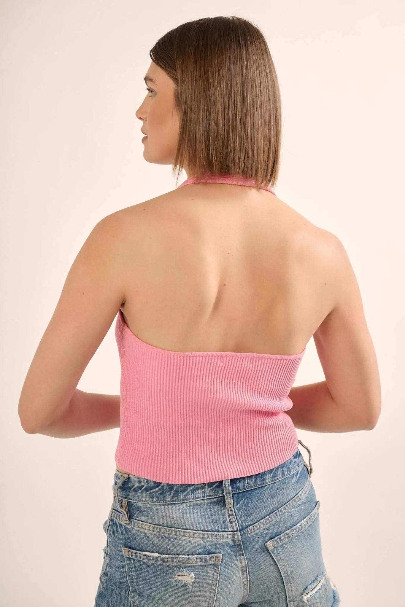 Shaper Fit Halter Rib-Knit Open-Back Tank Top
