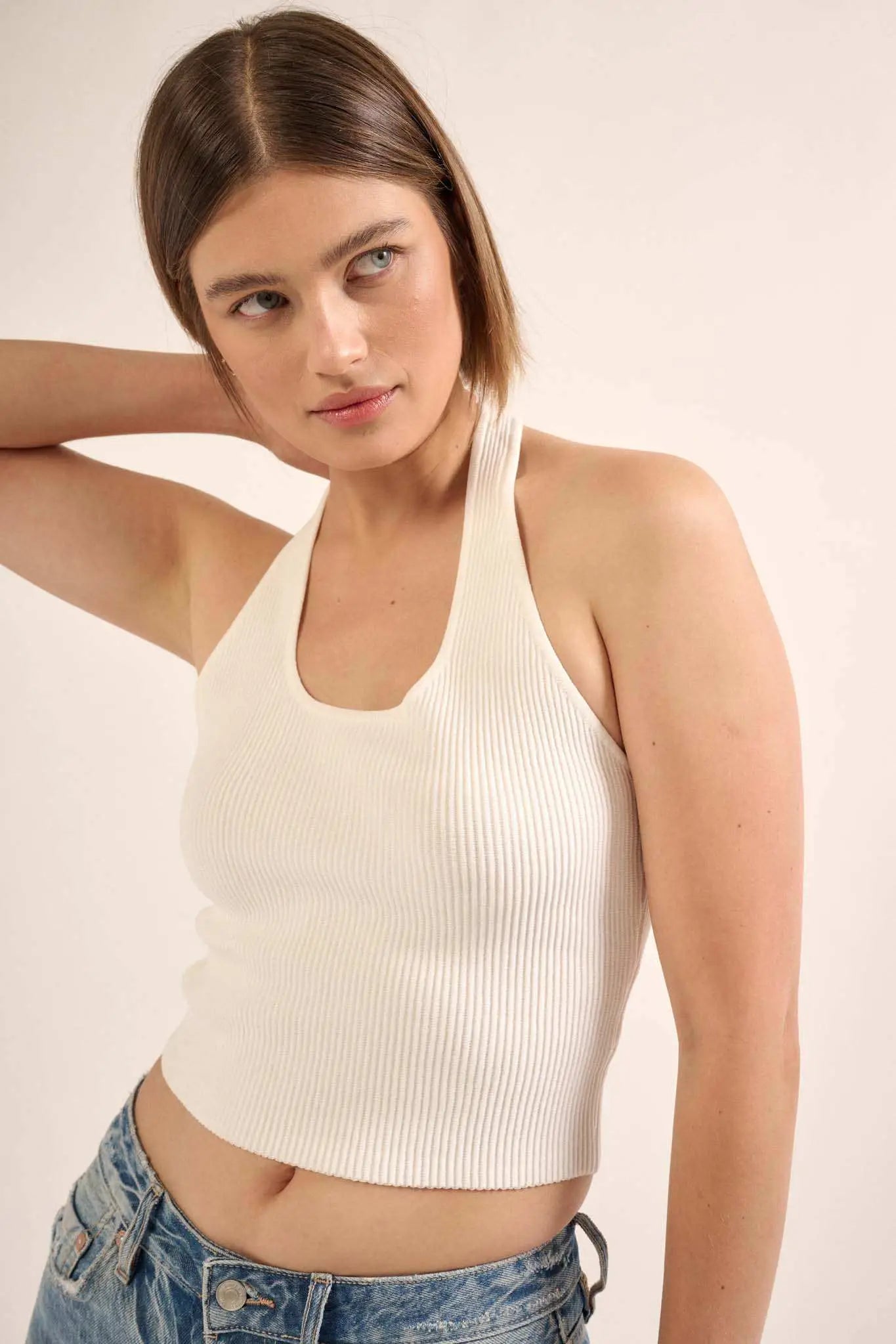 Shaper Fit Halter Rib-Knit Open-Back Tank Top