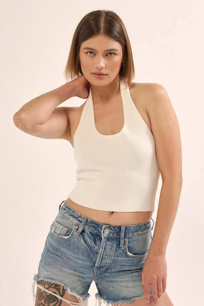 Shaper Fit Halter Rib-Knit Open-Back Tank Top