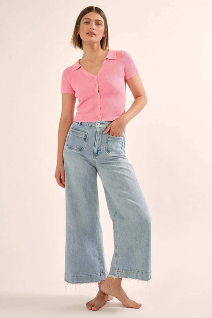 Shaper Fit Collared Rib-Knit Button-Front Top