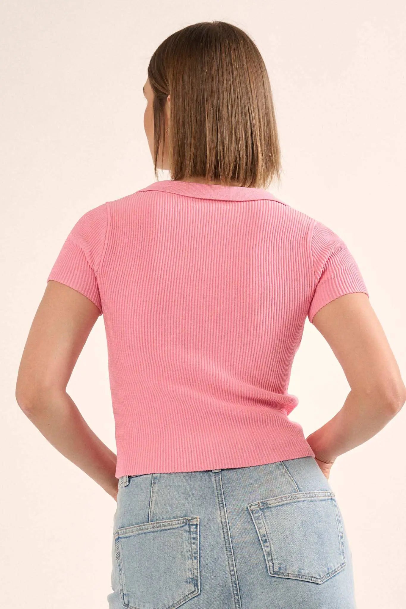 Shaper Fit Collared Rib-Knit Button-Front Top