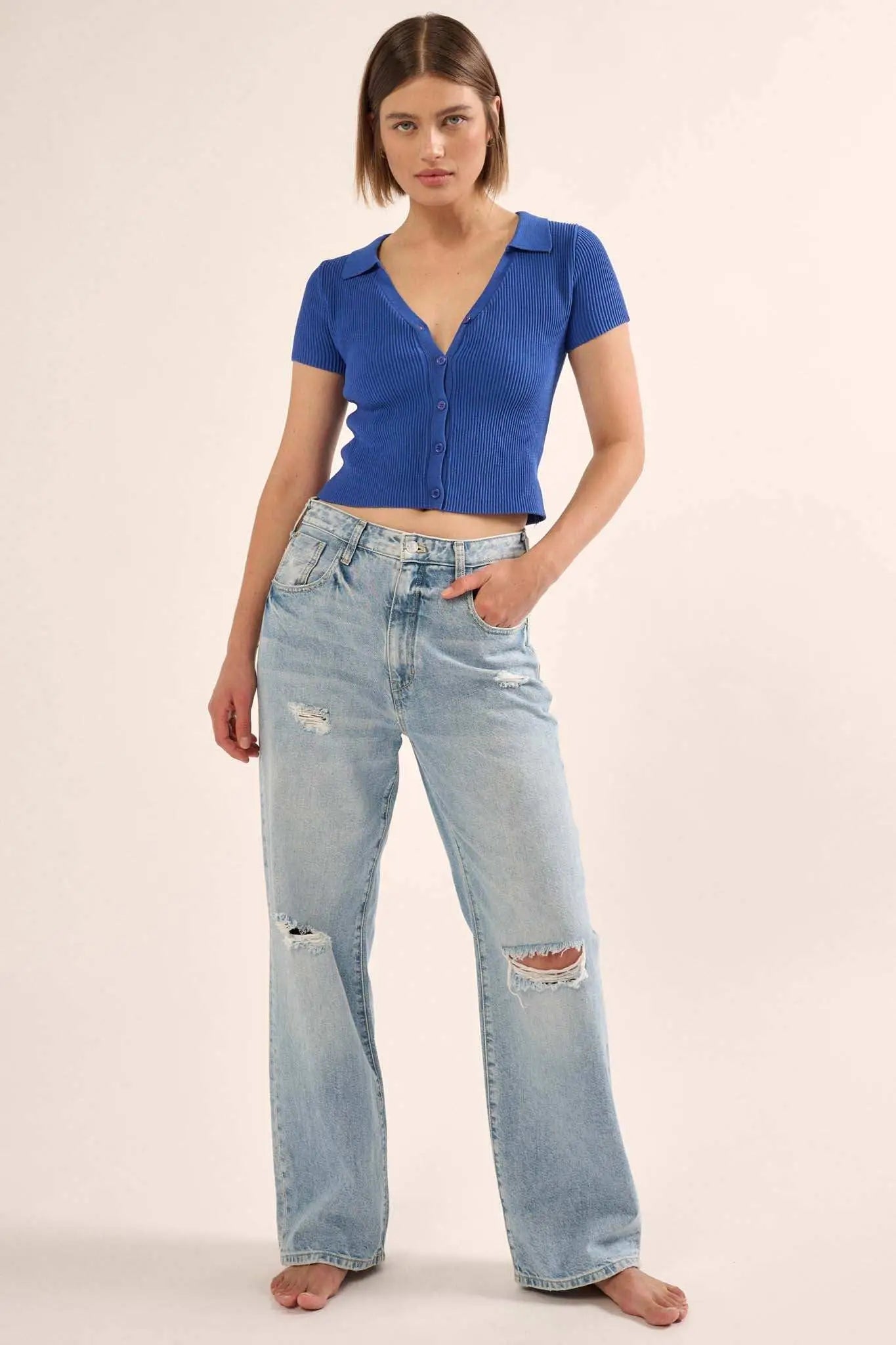 Shaper Fit Collared Rib-Knit Button-Front Top