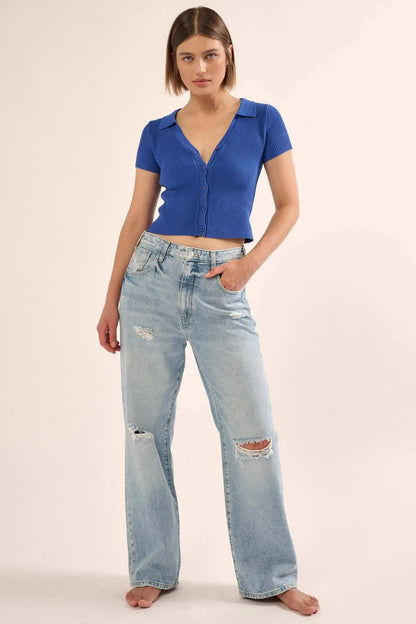 Shaper Fit Collared Rib-Knit Button-Front Top