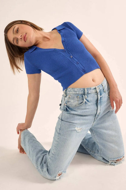 Shaper Fit Collared Rib-Knit Button-Front Top