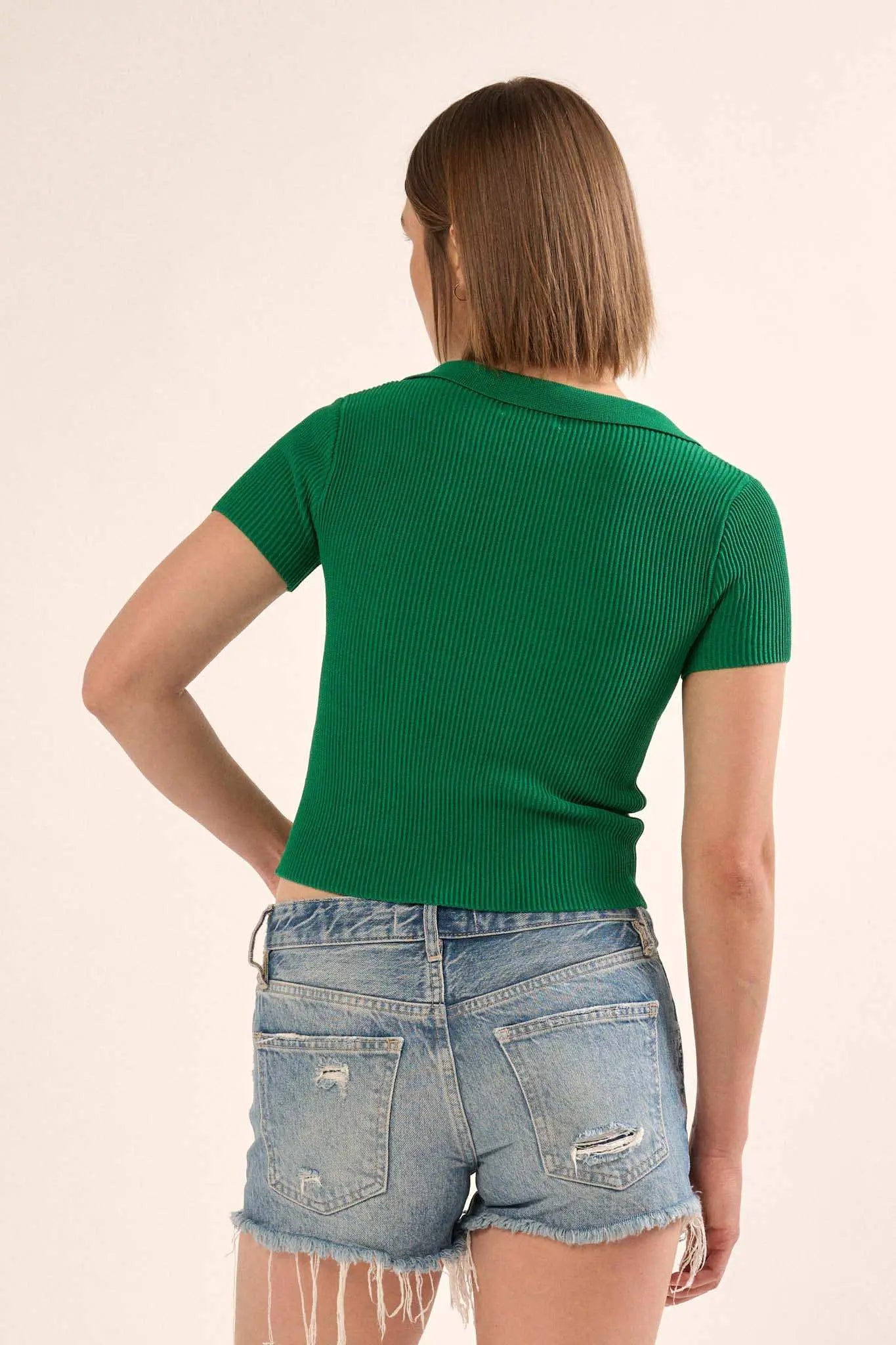 Shaper Fit Collared Rib-Knit Button-Front Top