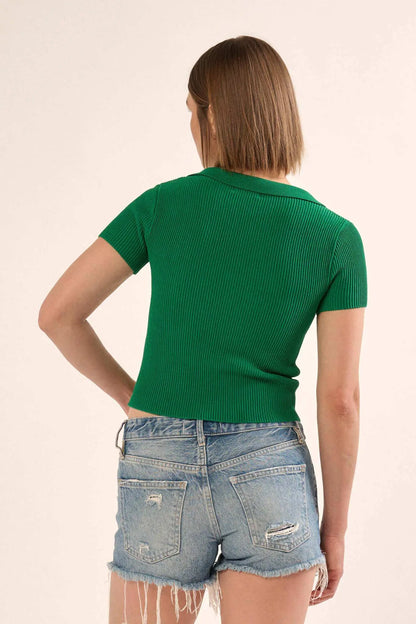 Shaper Fit Collared Rib-Knit Button-Front Top
