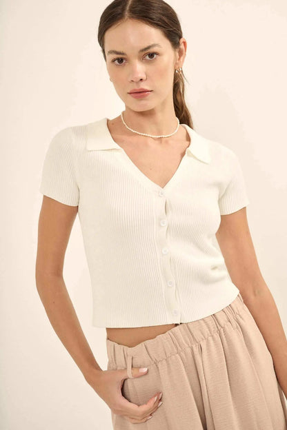 Shaper Fit Collared Rib-Knit Button-Front Top