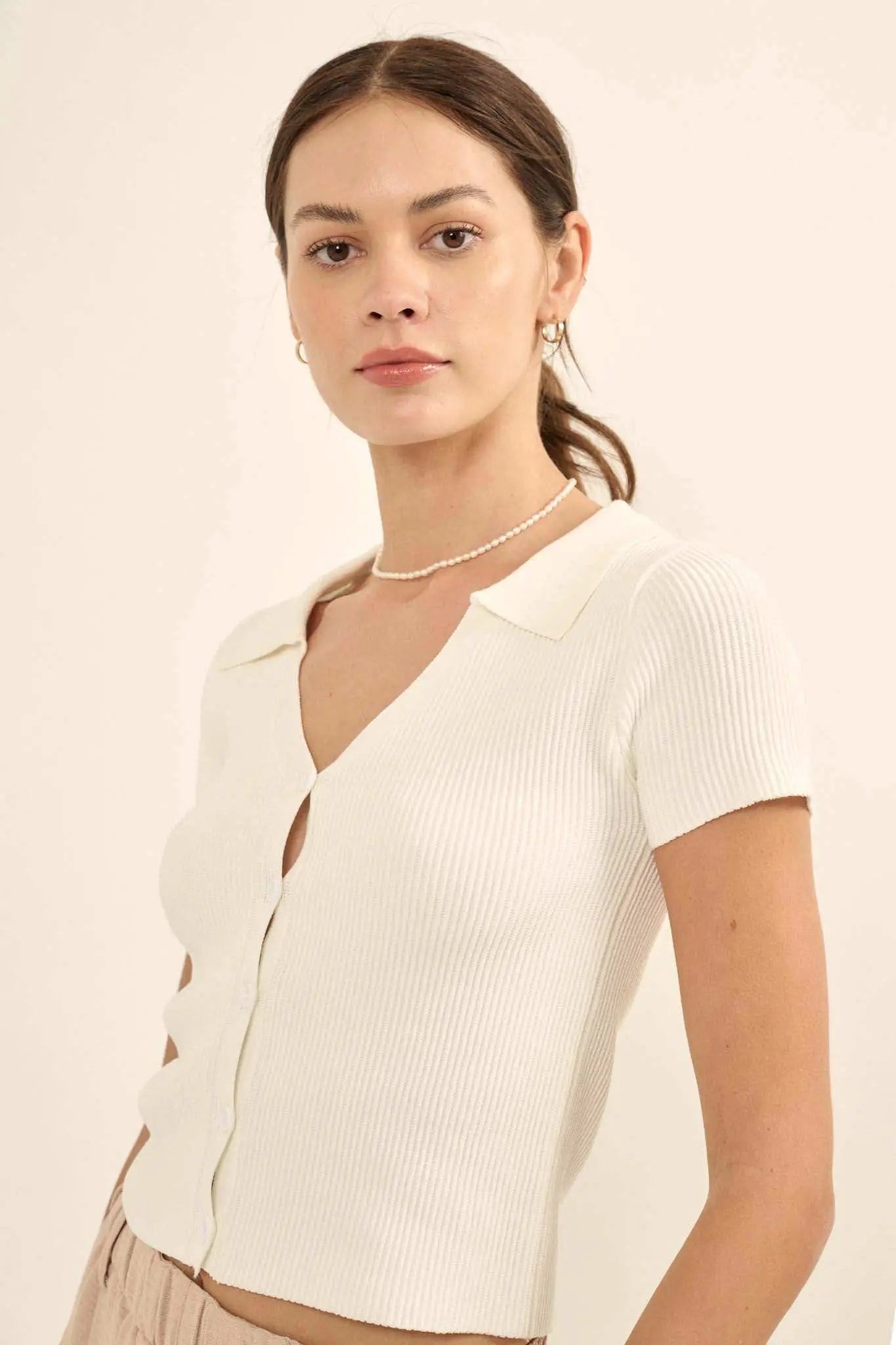 Shaper Fit Collared Rib-Knit Button-Front Top