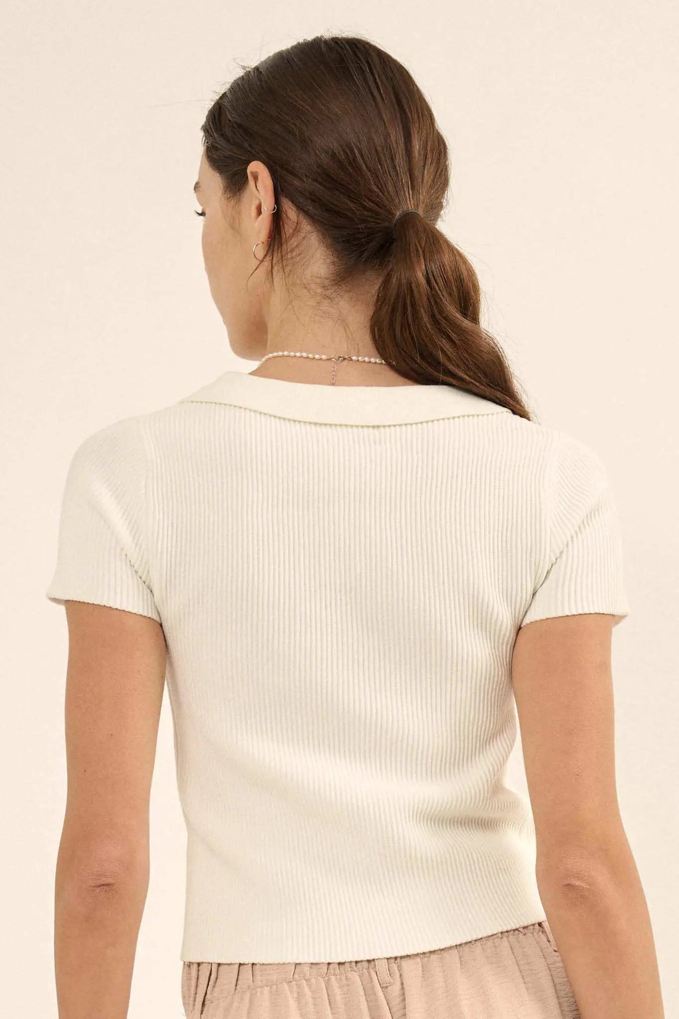 Shaper Fit Collared Rib-Knit Button-Front Top