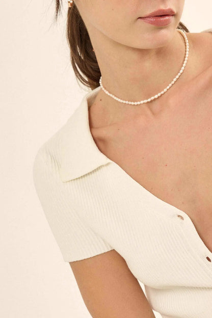 Shaper Fit Collared Rib-Knit Button-Front Top