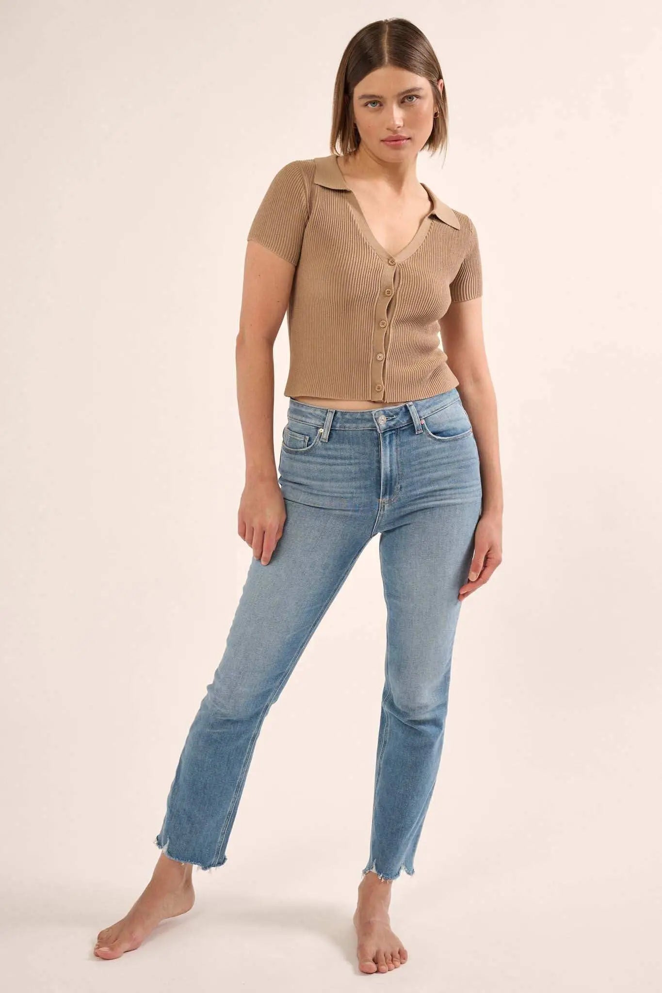 Shaper Fit Collared Rib-Knit Button-Front Top
