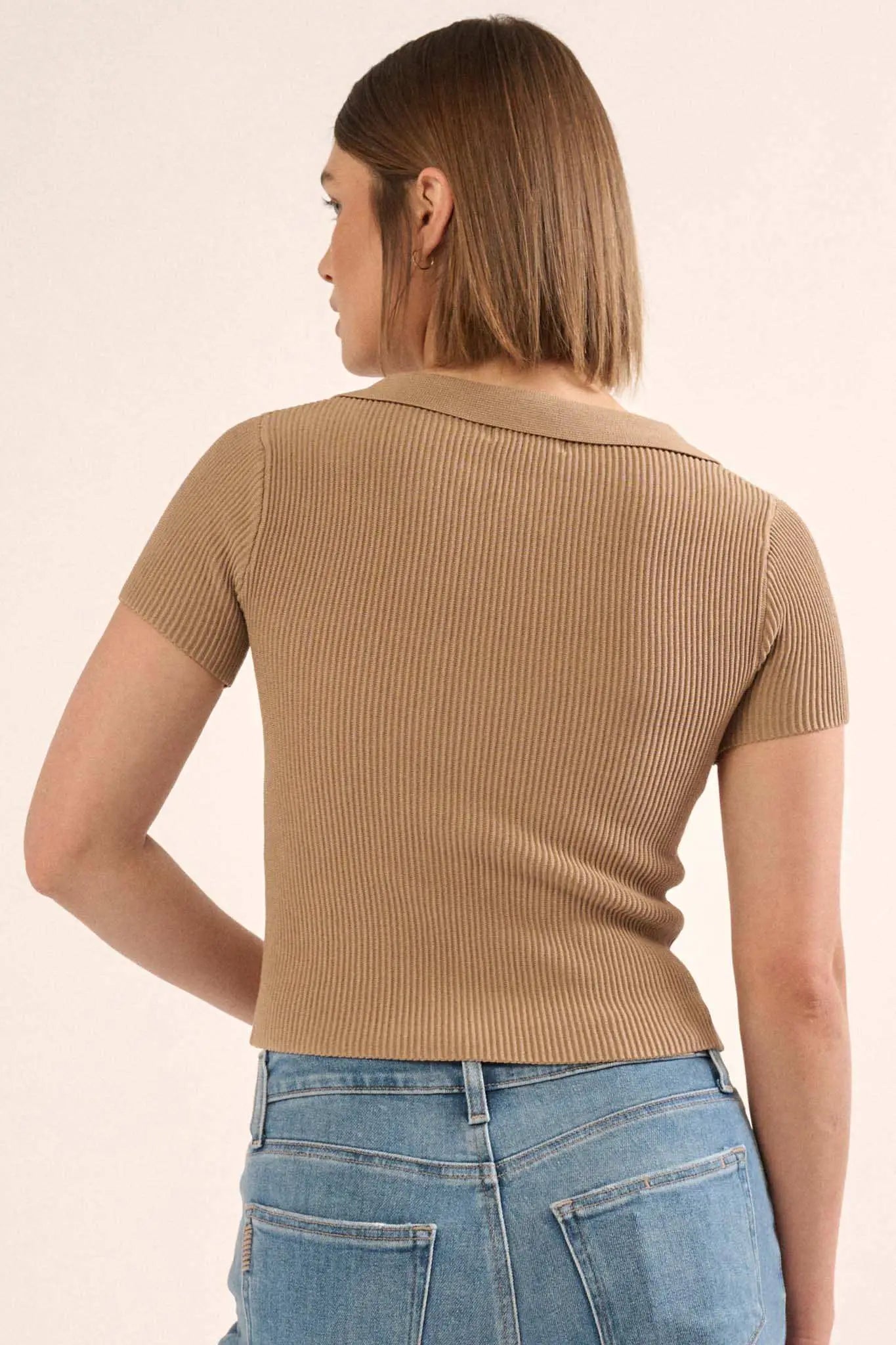Shaper Fit Collared Rib-Knit Button-Front Top