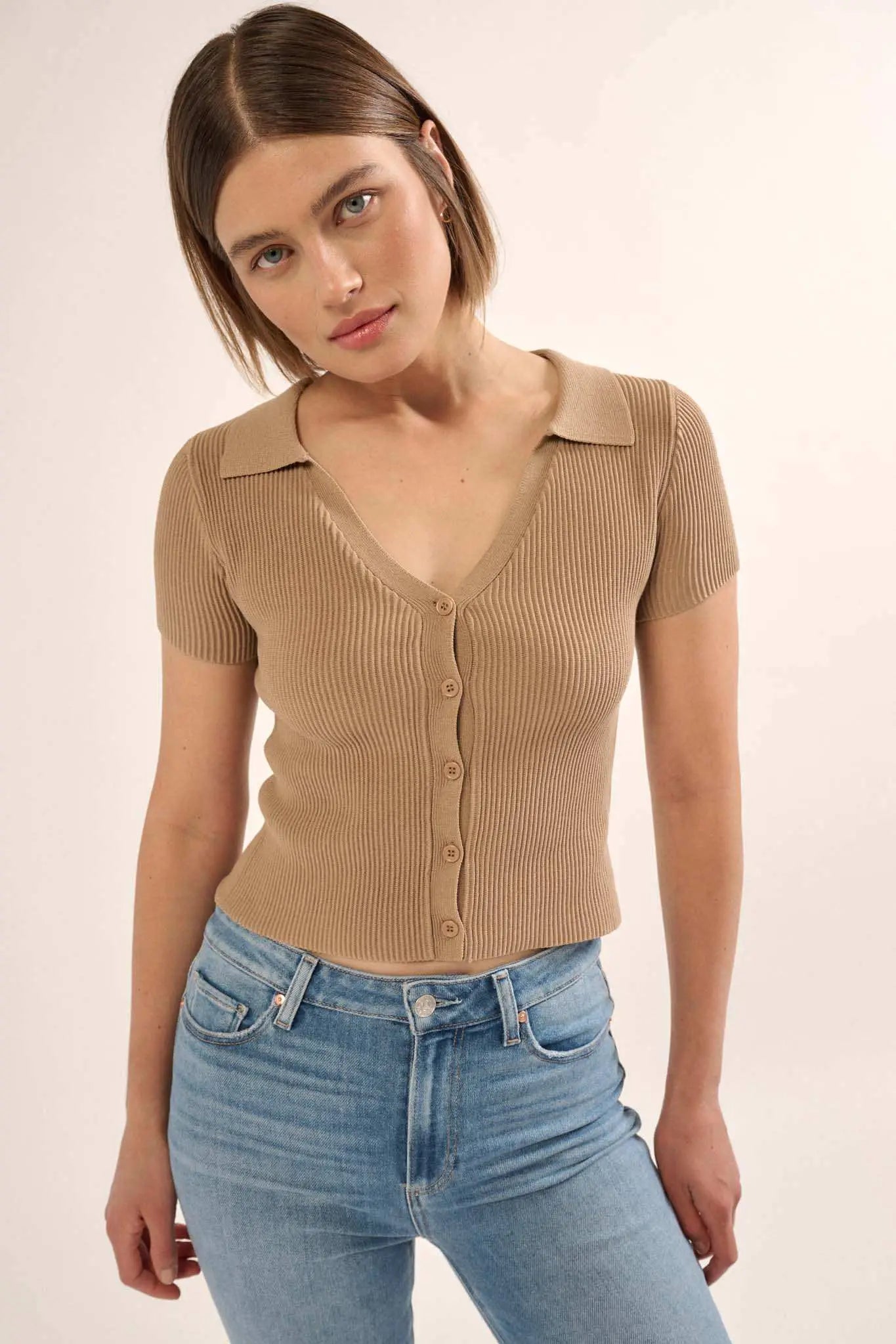 Shaper Fit Collared Rib-Knit Button-Front Top