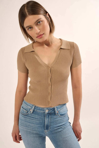 Shaper Fit Collared Rib-Knit Button-Front Top