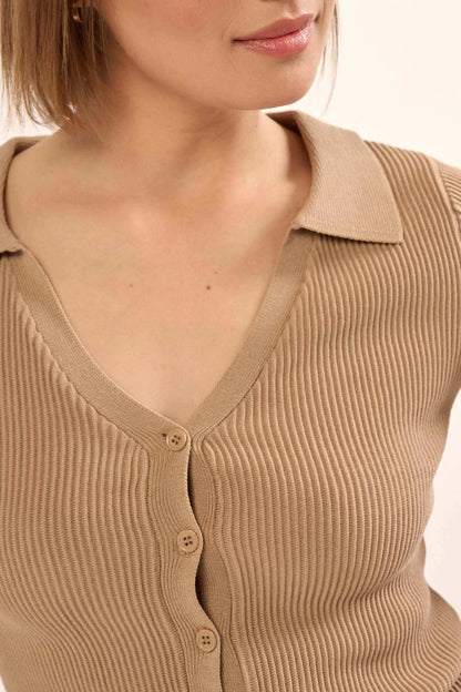 Shaper Fit Collared Rib-Knit Button-Front Top