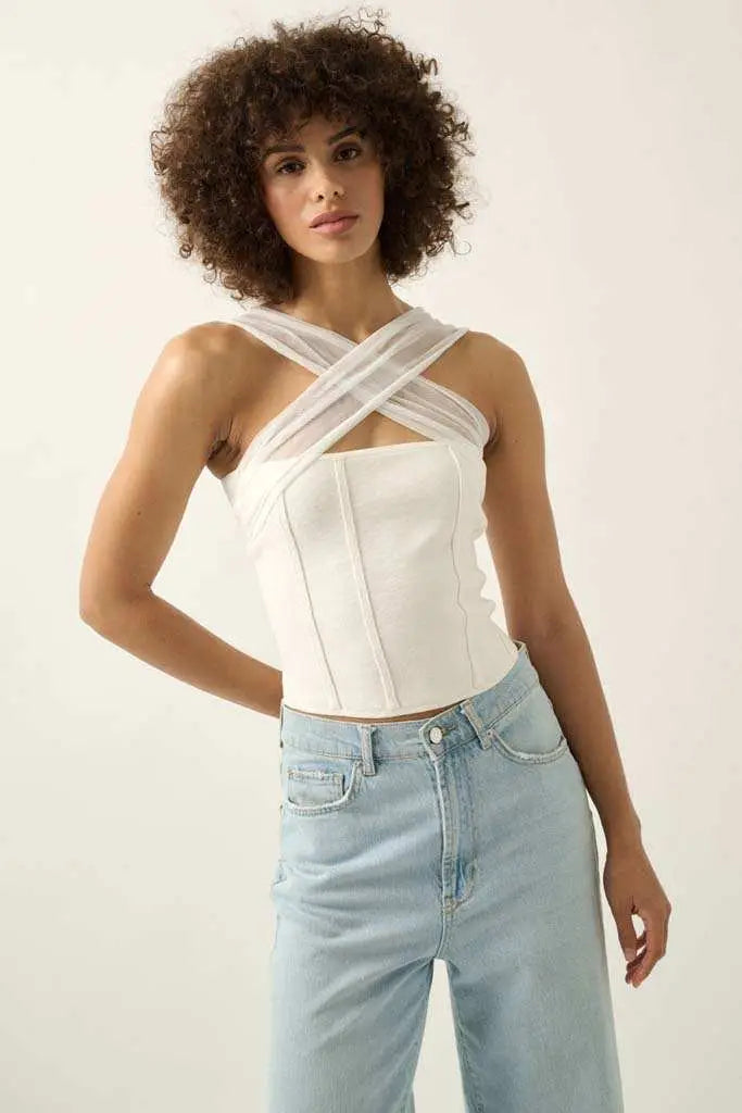 Shaper Fit Cross-Front Rib-Knit Corset Top