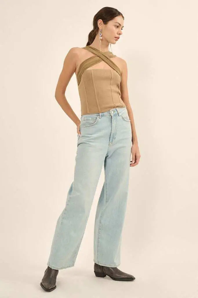 Shaper Fit Cross-Front Rib-Knit Corset Top