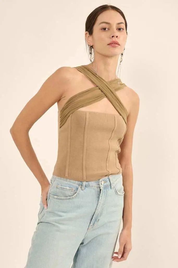 Shaper Fit Cross-Front Rib-Knit Corset Top